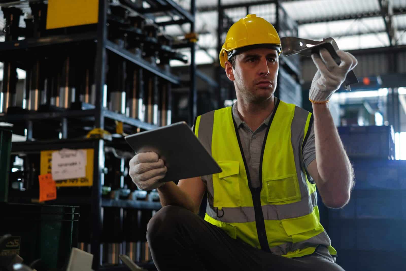 man inventariseert spare parts in magazijn